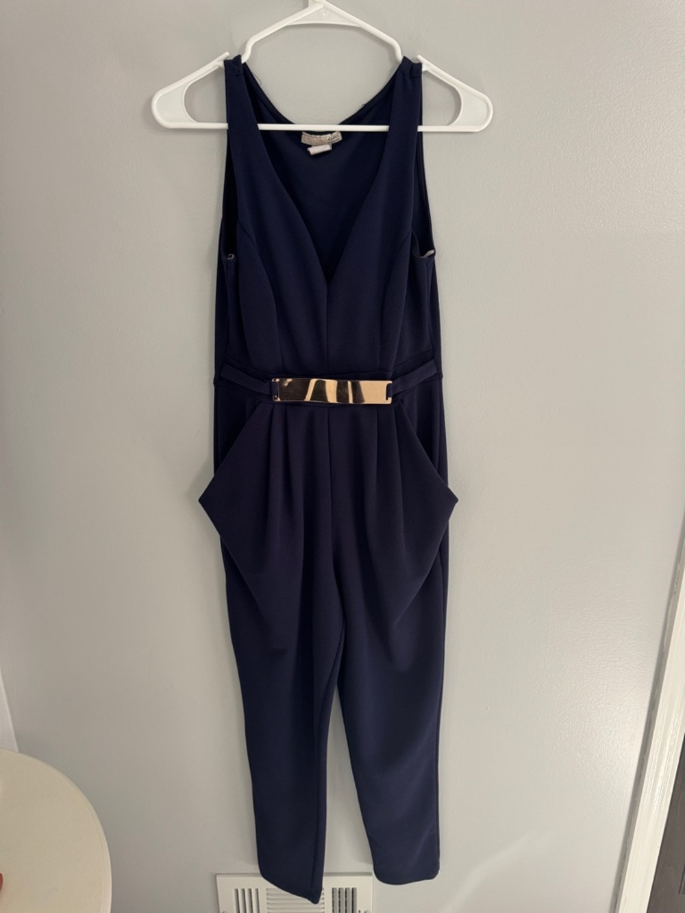a'gaci Navy Sleeveless Jumpsuit with Gold Belt